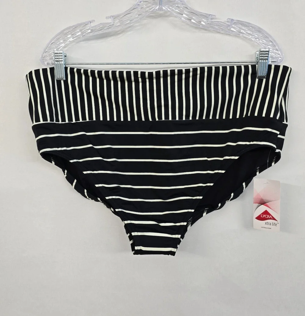 Lands' End Bikini Bottom Swim Briefs Women's 1X Black White Stripe Beach NWT